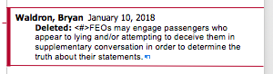 Microsoft Word screenshot showing this deleted sentence: "FEOs may engage passengers who appear to be lying and/or attempting to deceive them in supplementary conversation in order to determine the truth about their statements"